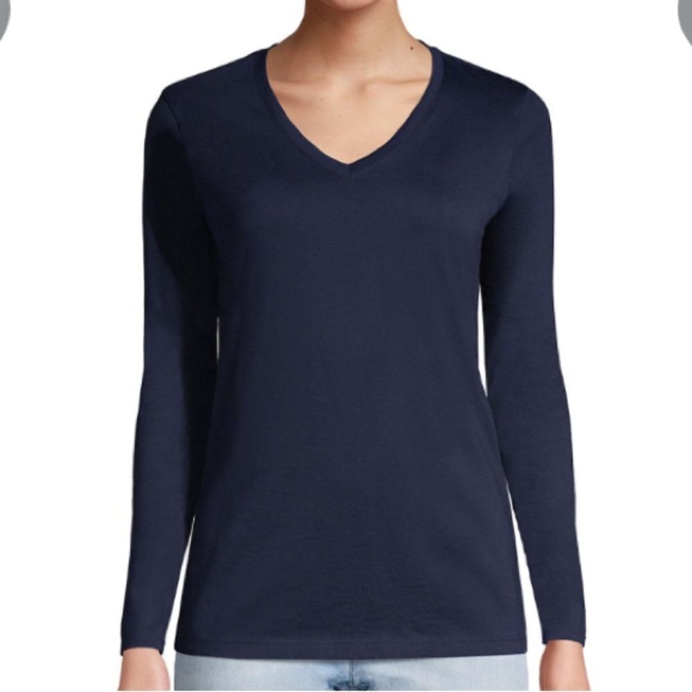 Lands' End Long Sleeve Relaxed Supima Cotton V Neck T Shirt, Navy, Small, NWOT